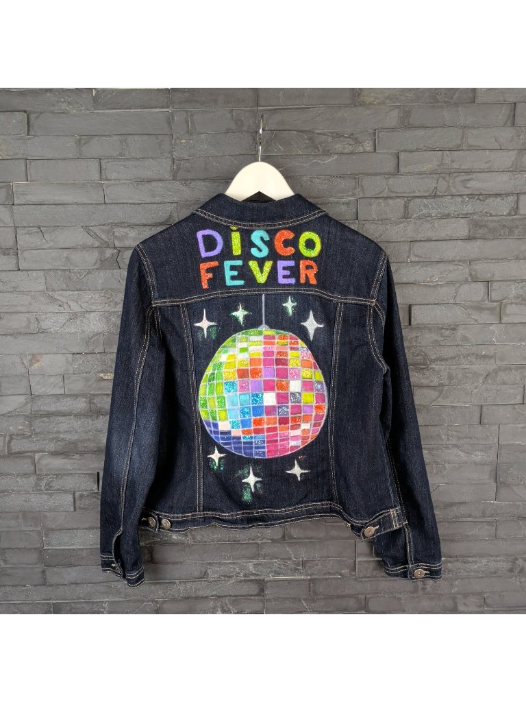 Y2k Retro 70's Disco Groovy Boho Party Jean Jacket Art Painted Upcycled Wom L
